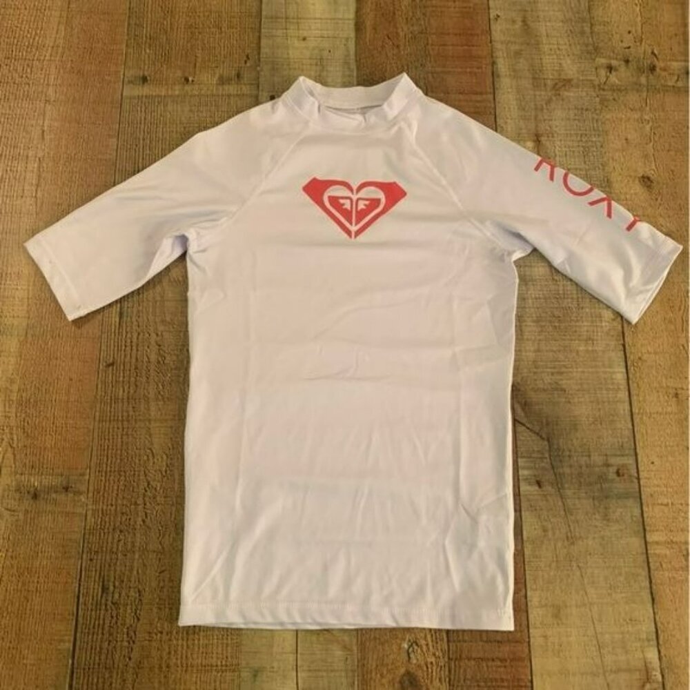 Roxy girls size xxl white and pink swim short sleeve rashguard